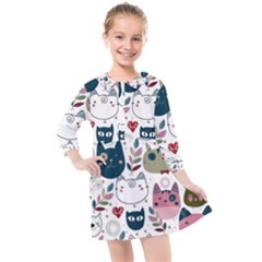 Pattern With Cute Cat Heads Kids  Quarter Sleeve Shirt Dress by Jancukart