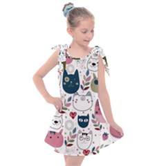 Pattern With Cute Cat Heads Kids  Tie Up Tunic Dress by Jancukart