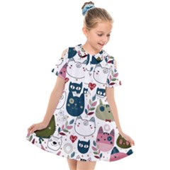 Pattern With Cute Cat Heads Kids  Short Sleeve Shirt Dress