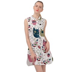 Pattern With Cute Cat Heads Sleeveless Shirt Dress