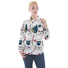 Pattern With Cute Cat Heads Women s Long Sleeve Pocket Shirt