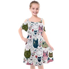 Pattern With Cute Cat Heads Kids  Cut Out Shoulders Chiffon Dress by Jancukart