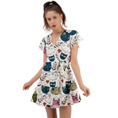 Pattern With Cute Cat Heads Flutter Sleeve Wrap Dress