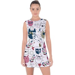 Pattern With Cute Cat Heads Lace Up Front Bodycon Dress