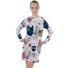 Pattern With Cute Cat Heads Long Sleeve Hoodie Dress