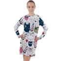 Pattern With Cute Cat Heads Long Sleeve Hoodie Dress View1