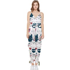 Pattern With Cute Cat Heads Sleeveless Tie Ankle Chiffon Jumpsuit