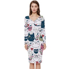 Pattern With Cute Cat Heads Long Sleeve V-neck Bodycon Dress 