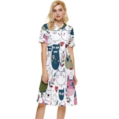 Pattern With Cute Cat Heads Button Top Knee Length Dress