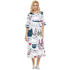 Pattern With Cute Cat Heads Double Cuff Midi Dress