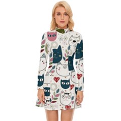 Pattern With Cute Cat Heads Long Sleeve Velour Longline Dress by Jancukart