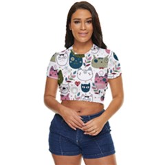 Pattern With Cute Cat Heads Side Button Cropped Tee