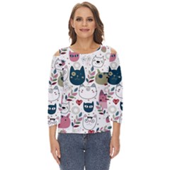 Pattern With Cute Cat Heads Cut Out Wide Sleeve Top