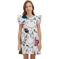 Pattern With Cute Cat Heads Kids  Winged Sleeve Dress