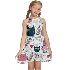 Pattern With Cute Cat Heads Kids  Halter Collar Waist Tie Chiffon Dress