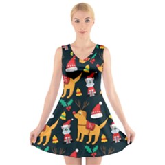 Funny Christmas Pattern Background V-neck Sleeveless Dress by Jancukart