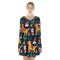 Funny Christmas Pattern Background Long Sleeve Velvet V-neck Dress by Jancukart