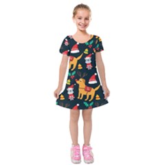 Funny Christmas Pattern Background Kids  Short Sleeve Velvet Dress