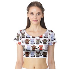 Seamless Pattern With Cute Little Kittens Various Color Short Sleeve Crop Top by Jancukart