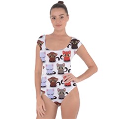 Seamless Pattern With Cute Little Kittens Various Color Short Sleeve Leotard 