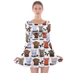 Seamless Pattern With Cute Little Kittens Various Color Long Sleeve Skater Dress by Jancukart