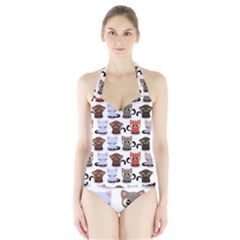 Seamless Pattern With Cute Little Kittens Various Color Halter Swimsuit by Jancukart