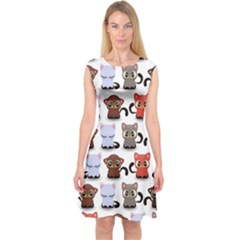 Seamless Pattern With Cute Little Kittens Various Color Capsleeve Midi Dress