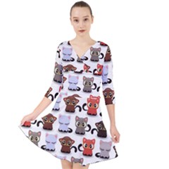 Seamless Pattern With Cute Little Kittens Various Color Quarter Sleeve Front Wrap Dress by Jancukart