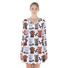 Seamless Pattern With Cute Little Kittens Various Color Long Sleeve Velvet V-neck Dress