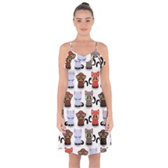 Seamless Pattern With Cute Little Kittens Various Color Ruffle Detail Chiffon Dress