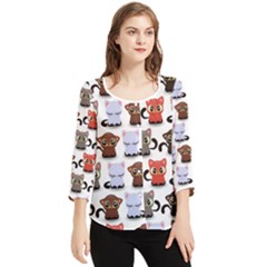 Seamless Pattern With Cute Little Kittens Various Color Chiffon Quarter Sleeve Blouse