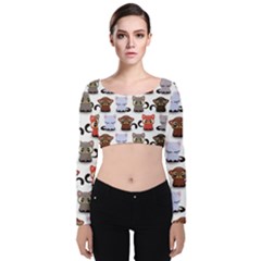 Seamless Pattern With Cute Little Kittens Various Color Velvet Long Sleeve Crop Top by Jancukart