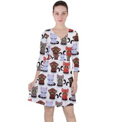 Seamless Pattern With Cute Little Kittens Various Color Quarter Sleeve Ruffle Waist Dress