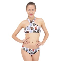 Seamless Pattern With Cute Little Kittens Various Color High Neck Bikini Set by Jancukart