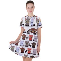 Seamless Pattern With Cute Little Kittens Various Color Short Sleeve Shoulder Cut Out Dress 