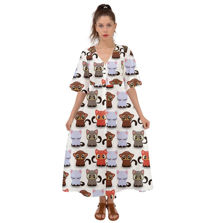 Seamless Pattern With Cute Little Kittens Various Color Kimono Sleeve Boho Dress