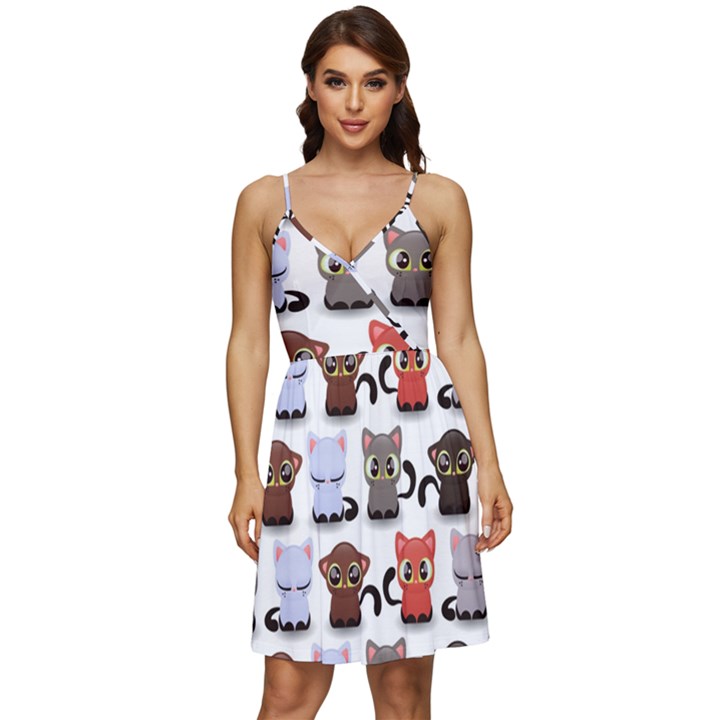 Seamless Pattern With Cute Little Kittens Various Color V-Neck Pocket Summer Dress 