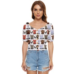 Seamless Pattern With Cute Little Kittens Various Color Button Up Blouse