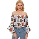 Seamless Pattern With Cute Little Kittens Various Color Off Shoulder Flutter Bell Sleeve Top View1