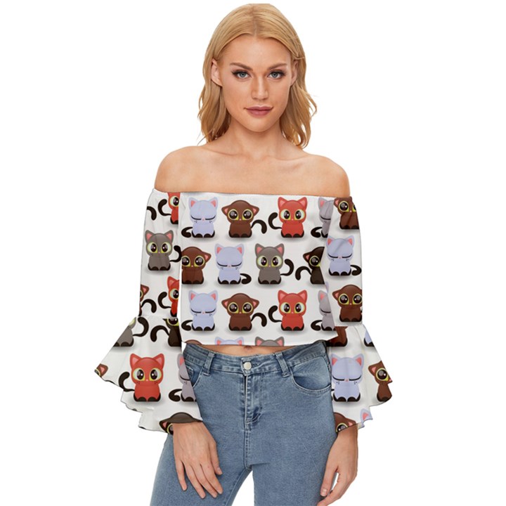 Seamless Pattern With Cute Little Kittens Various Color Off Shoulder Flutter Bell Sleeve Top