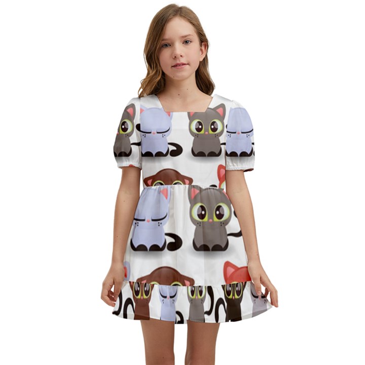 Seamless Pattern With Cute Little Kittens Various Color Kids  Short Sleeve Dolly Dress