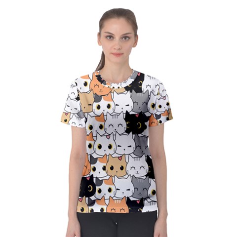 Cute-cat-kitten-cartoon-doodle-seamless-pattern Women s Sport Mesh Tee by Jancukart