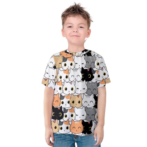 Cute-cat-kitten-cartoon-doodle-seamless-pattern Kids  Cotton Tee by Jancukart