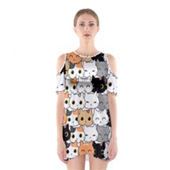 Cute-cat-kitten-cartoon-doodle-seamless-pattern Shoulder Cutout One Piece Dress