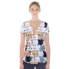 Cute-cat-kitten-cartoon-doodle-seamless-pattern Short Sleeve Front Detail Top