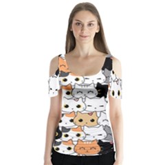 Cute-cat-kitten-cartoon-doodle-seamless-pattern Butterfly Sleeve Cutout Tee 