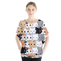 Cute-cat-kitten-cartoon-doodle-seamless-pattern Batwing Chiffon Blouse