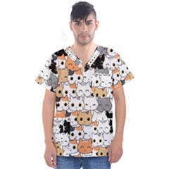 Cute-cat-kitten-cartoon-doodle-seamless-pattern Men s V-neck Scrub Top