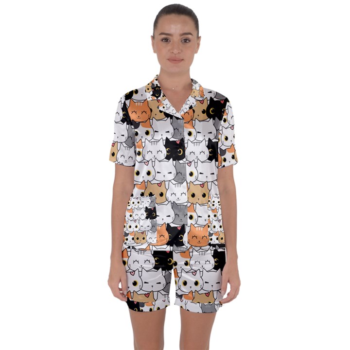 Cute-cat-kitten-cartoon-doodle-seamless-pattern Satin Short Sleeve Pajamas Set