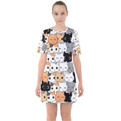 Cute-cat-kitten-cartoon-doodle-seamless-pattern Sixties Short Sleeve Mini Dress